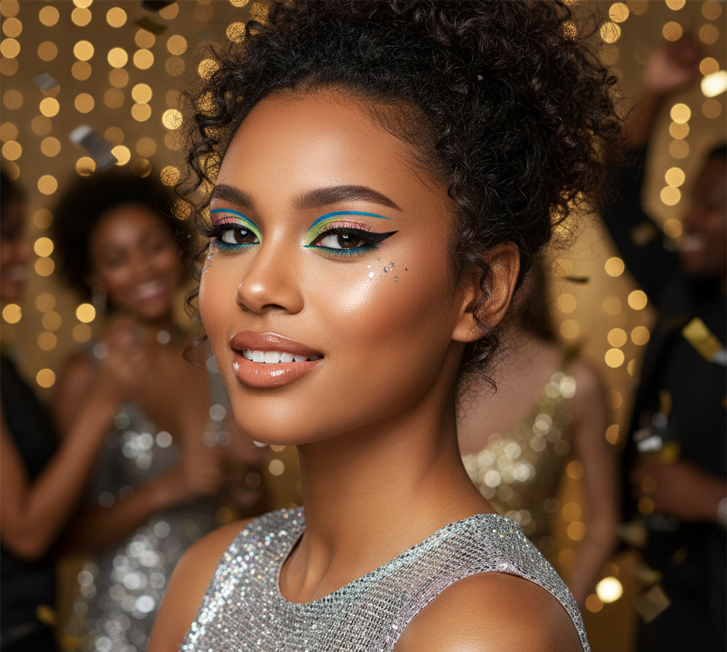 Maquiagem com delineado colorido moderno para Ano Novo