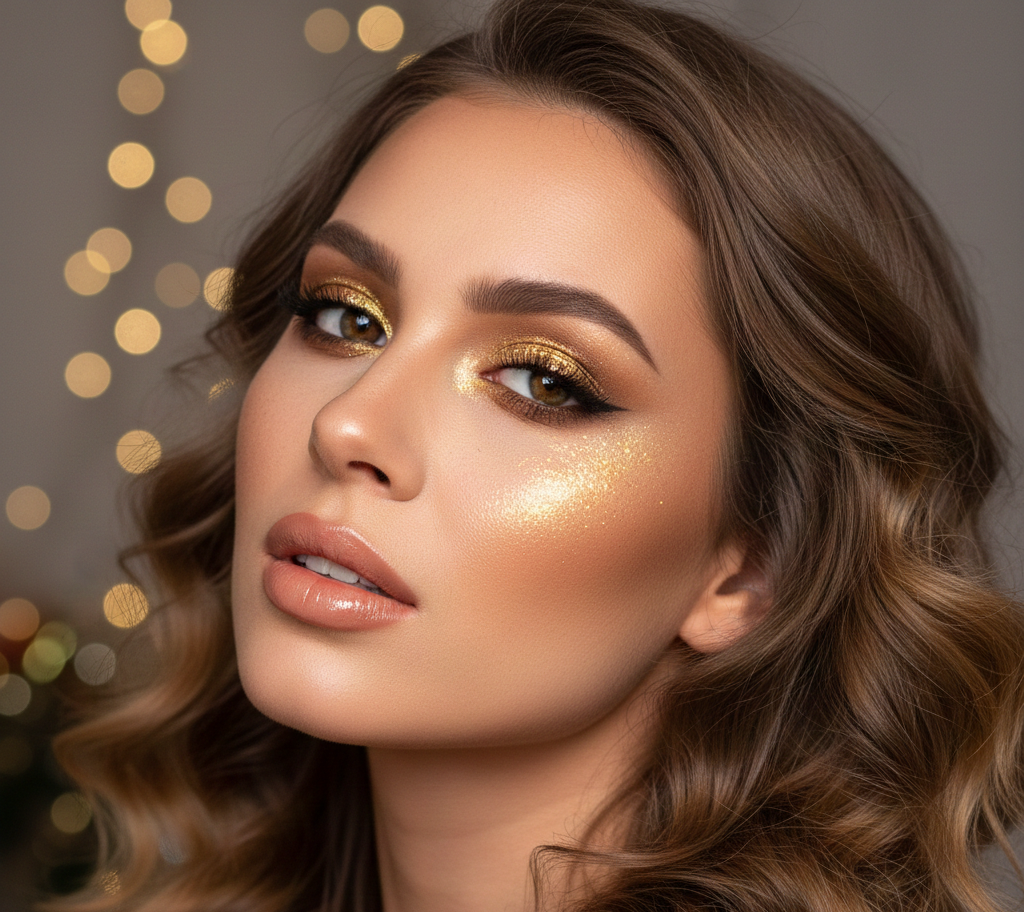 Maquiagem com olhos dourados e glitter para Ano Novo