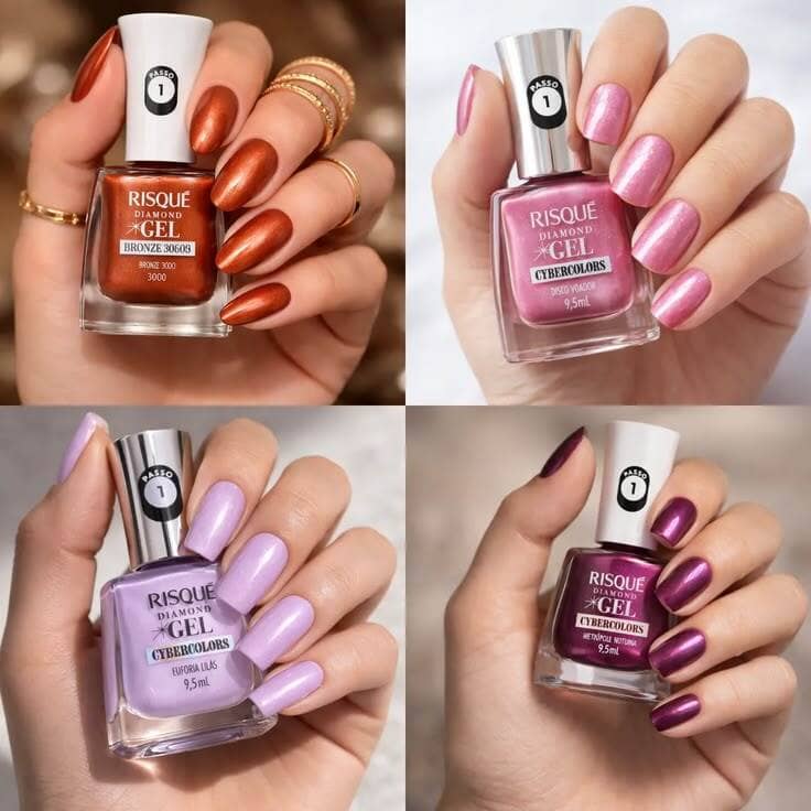 Kit 4 Esmaltes Risque Cybercolors Diamond Gel Rosas