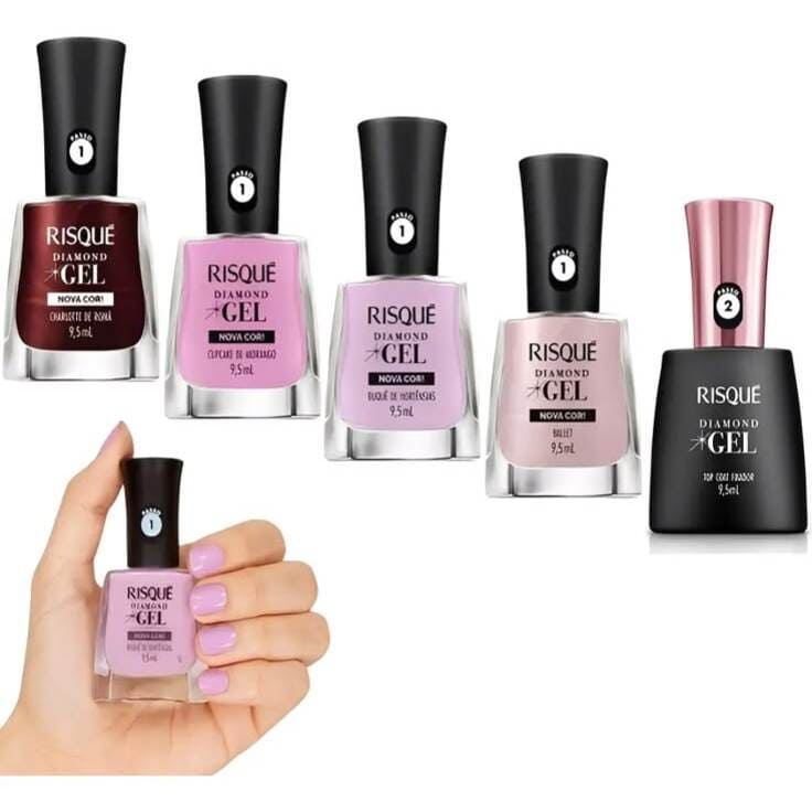 Kit 5 Esmaltes Risque Diamond Gel Charlotte Ballet Cupcake Buquê Top Coat